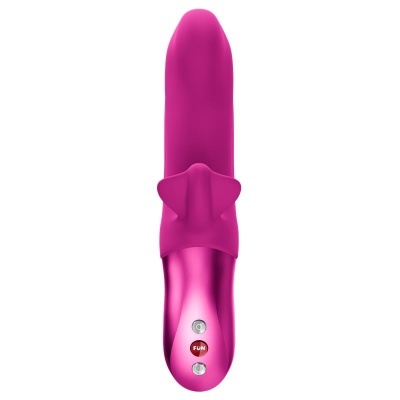 Vibrador rosa de silicone com base metálica e botões