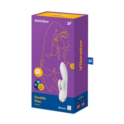 Embalagem roxa e azul de vibrador Satisfyer Double Flex com texto e imagem do produto branco