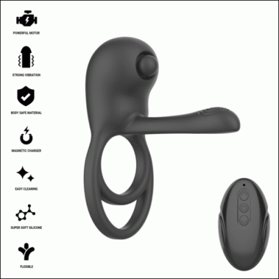Dispositivo sexual preto com controlo remoto em fundo branco