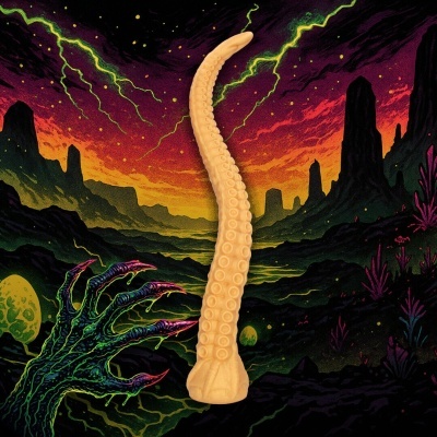 Tentáculo bege com textura de ventosas sobre fundo alienígena colorido com mão alienígena e ovos