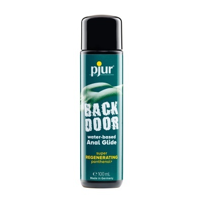 Frasco de gel lubrificante anal pjur BACK DOOR com tampa preta e rótulo verde com texto em inglês.