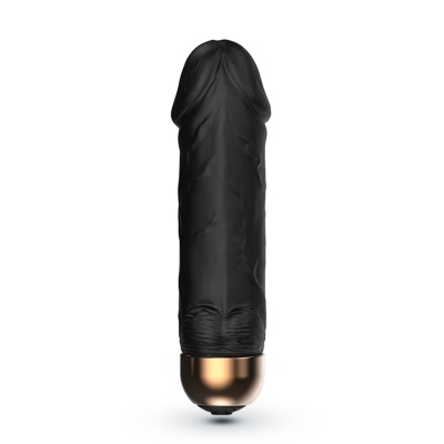 Vibrador preto com base dourada sobre fundo branco