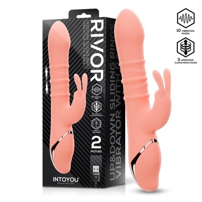 Vibrador cor de pele com coelho em caixa preta com texto promocional