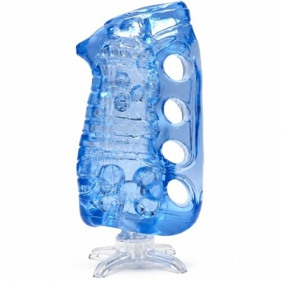 frasco azul de plástico com quatro furos e base transparente