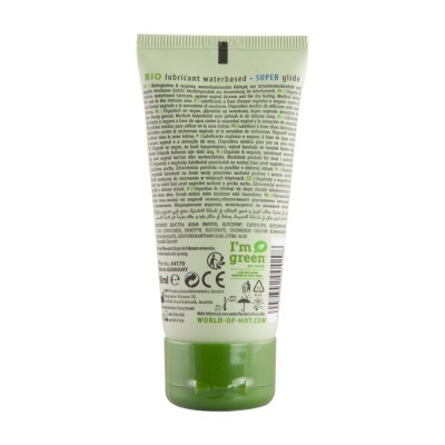 Tubo de lubrificante íntimo BIO com tampa verde e texto multilingue