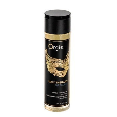 Frasco de óleo de massagem Orgie Sexy Therapy com tampa preta e detalhes dourados