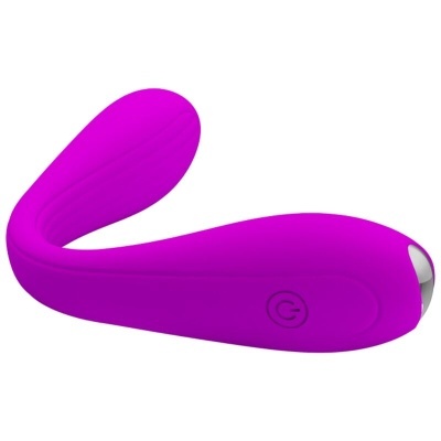 Produto vibrador de silicone roxo com design curvo e botão de ligar.
