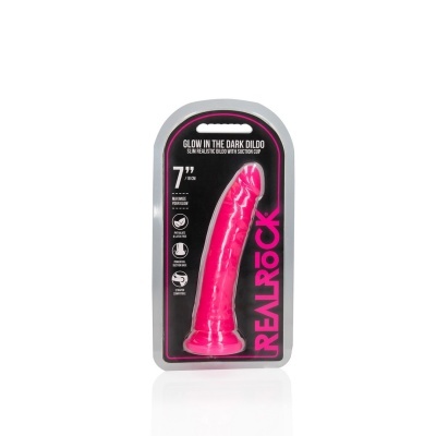Dildo rosa fluorescente com ventosa em embalagem preta e rosa