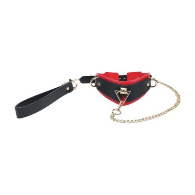 Colarinho ou coleira de couro preto e vermelho com corrente dourada e fecho triangular dourado