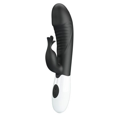 Vibrador preto com estimulador em forma de coelho e base branca