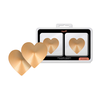 Capa para mamilos em forma de coração bege dourado com embalagem preta e branca