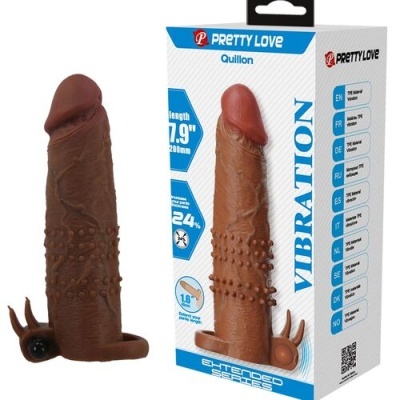 Dildo vibratório castanho com textura e caixa com texto em várias línguas