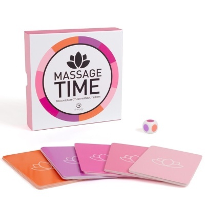 Conjunto de jogo Massage Time com caixa, cinco cartas coloridas e dado.