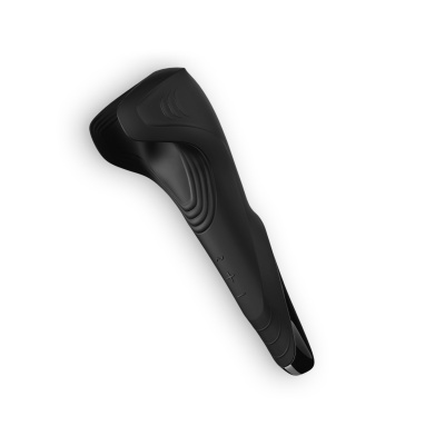 Dispositivo preto ergonómico com botões de som em fundo branco.
