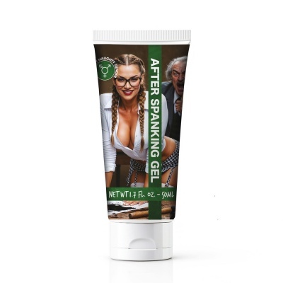 Frasco de gel pós-palmatória com imagem colorida de mulher e homem no rótulo