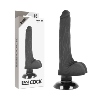 Dildo preto com base de ventosa e embalagem branca com texto BASE COCK