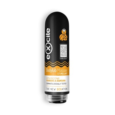 Frasco preto de óleo de massagem estimulante eXcite com texto em branco e amarelo.