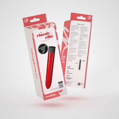 Embalagem de vibrador clássico vermelho com detalhes em vermelho e branco