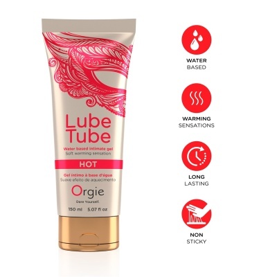 Frasco de gel íntimo à base de água na cor creme com tampa dourada e desenhos vermelhos