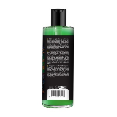 Frasco de gel lubrificante verde com rótulo preto e tampa preta