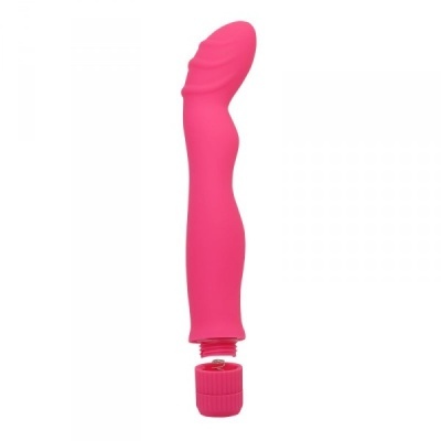 Vibrador rosa com tampa desenroscada em fundo branco