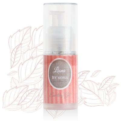 Frasco de gel exfoliante com rótulo rosa e tampa transparente