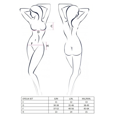 Esquema de medida corporal feminino com tabela de tamanhos OFELIA SET.