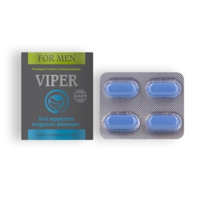 Embalagem de suplemento alimentar VIPER FOR MEN com quatro comprimidos azuis em blister