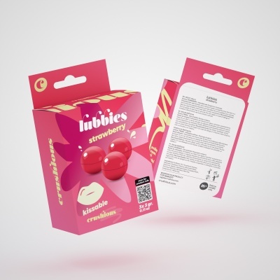 Embalagem rosa com cápsulas esféricas vermelhas lubbies strawberry e instruções impressas no verso