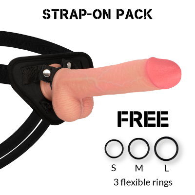 Pack Strap-On com arnês preto e dildo cor de pele com aneis flexíveis