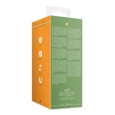 Embalagem de produto verde e laranja com texto multilíngue sobre dildo vibratório pequeno ponto G