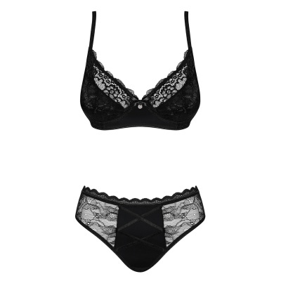 Conjunto de lingerie feminino preto com soutiens de renda e cueca
