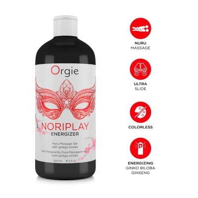 Produto Orgie NORIPLAY ENERGIZER em garrafa preta com rótulo branco e máscara vermelha detalhada.
