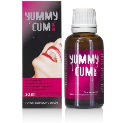 Frasco de suplemento alimentar YUMMY CUM DROPS com embalagem preta e rosa