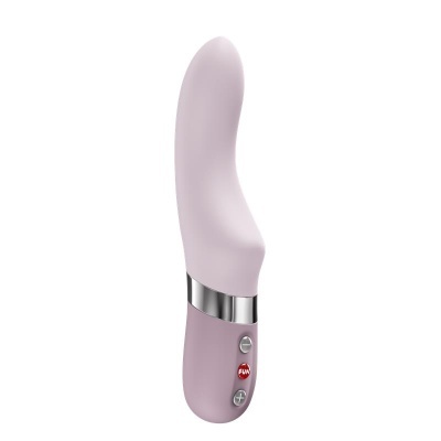 Vibrador lilás com botões FUN mais e menos em fundo branco