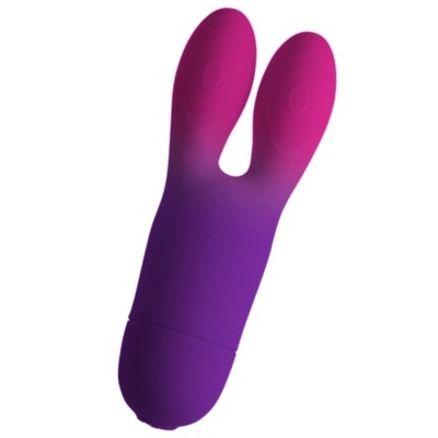 Vibrador roxo e rosa em silicone com duas extremidades tipo coelho