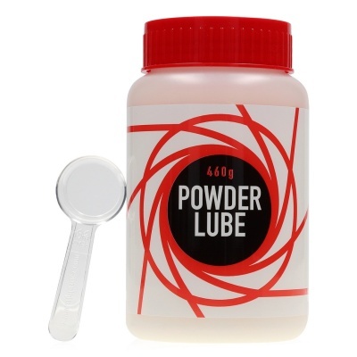 Frasco de POWDER LUBE com tampa vermelha e colher de medição transparente