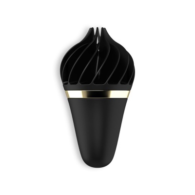Dispositivo preto com textura lisa e topo espiral com pétalas e anel dourado