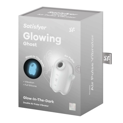 Caixa do vibrador duplo Air Pulse da Satisfyer Glowing Ghost branco que brilha no escuro