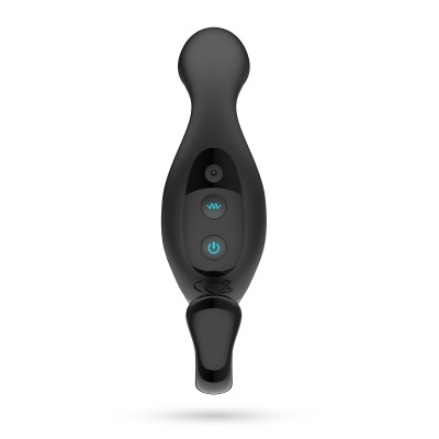 Dispositivo preto ergonômico com botões azuis e ícones de energia e vibração