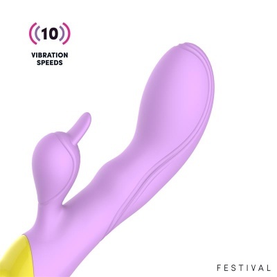 Vibrador roxo com parte amarela, texto sobre velocidades de vibração e palavra FESTIVAL