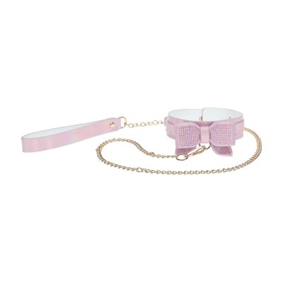 Coleira ou gargantilha rosa com laço e corrente dourada