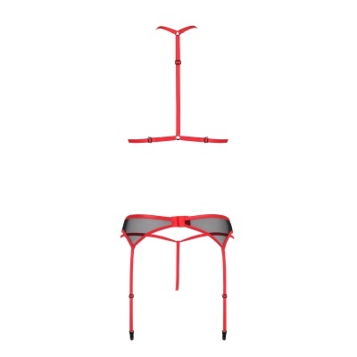 Suspensor vermelho com tiras ajustáveis e tecido transparente.