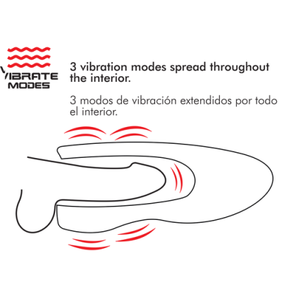 Ilustração de produto com 3 modos de vibração e texto em inglês e espanhol