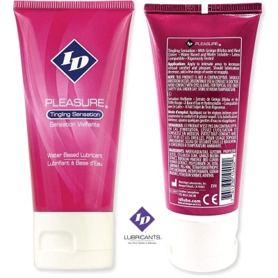 Lubrificante à base de água ID PLEASURE Tingling Sensation em embalagem rosa com tampa branca e texto informativo