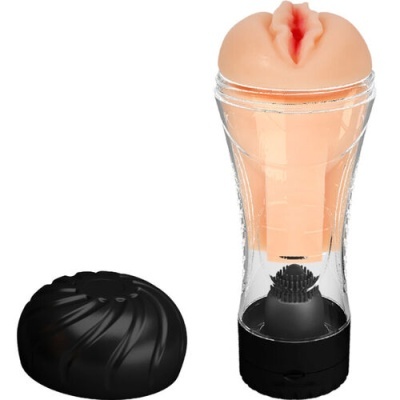 Masturbador masculino com capa transparente, base preta e tampa preta removível