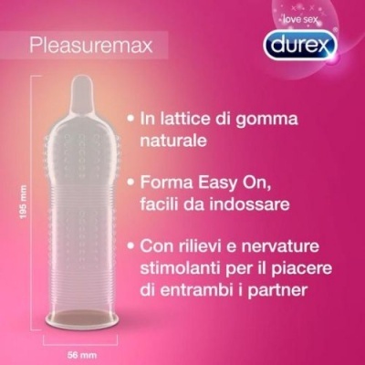 Preservativo texturizado transparente sobre fundo rosa com texto em italiano e logotipo Durex.