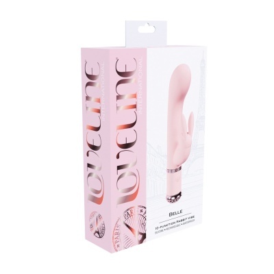 Caixa do vibrador rosa tipo coelho Lovelife International BELLE com Torre Eiffel ao fundo