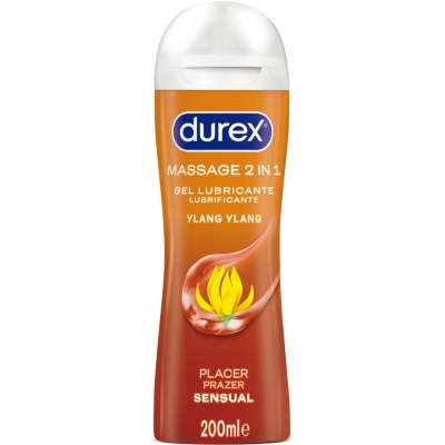 Frasco de gel lubrificante Durex Massage 2 in 1 com tampa branca e corpo laranja