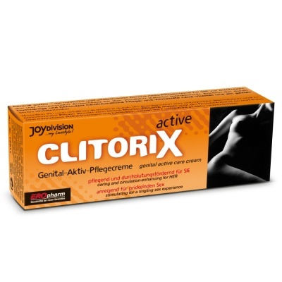 Embalagem laranja creme Clitorix active com texto em várias línguas e imagem artística do corpo nu feminino